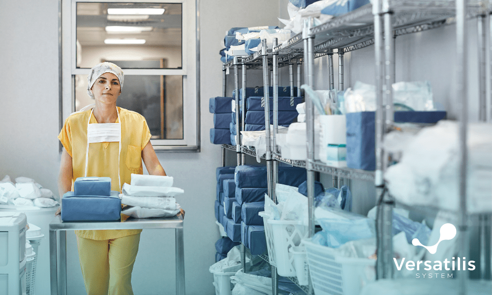 profissional de saúde em uma sala cheia de materiais hospitalares